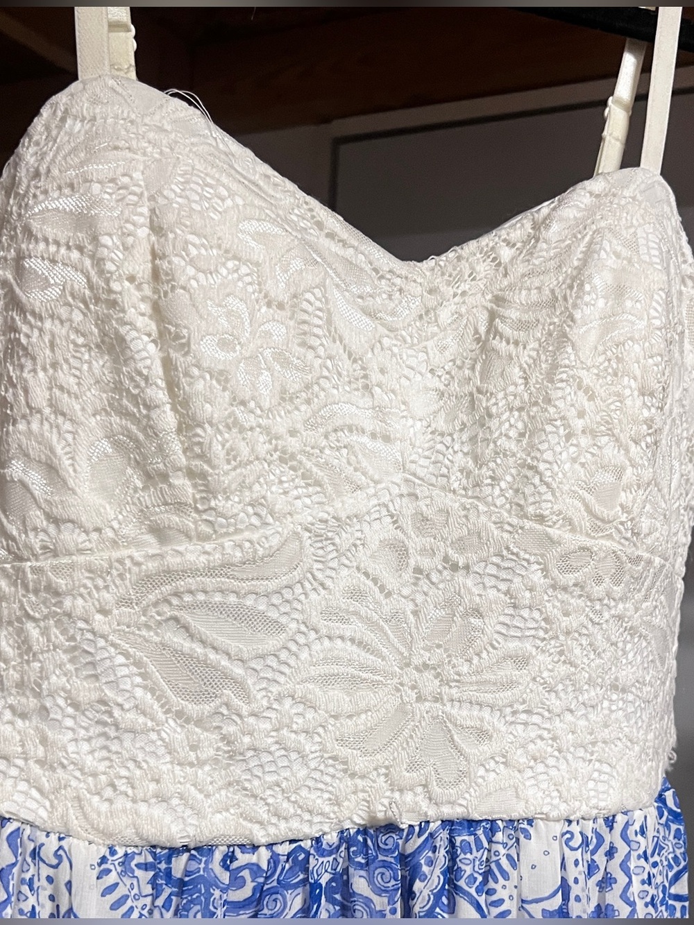 White Lace Bodice Maxi Dress with Blue Printed Skirt